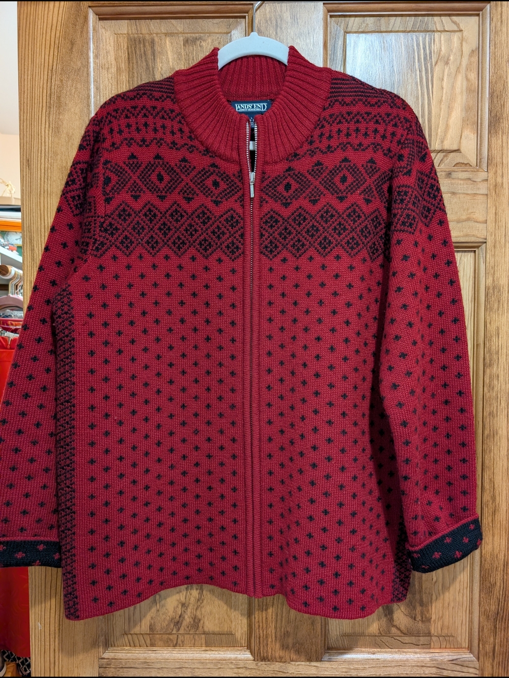 Lands' End Red and Black Fair Isle Zip Sweater